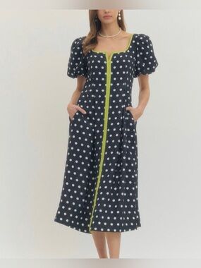 entro Black and White Polka Dot Midi Dress with Lime Trim